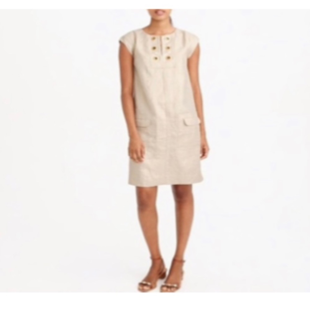 EUC J Crew Linen Dress Metallic Gold Grommet Pockets Short Sleeves